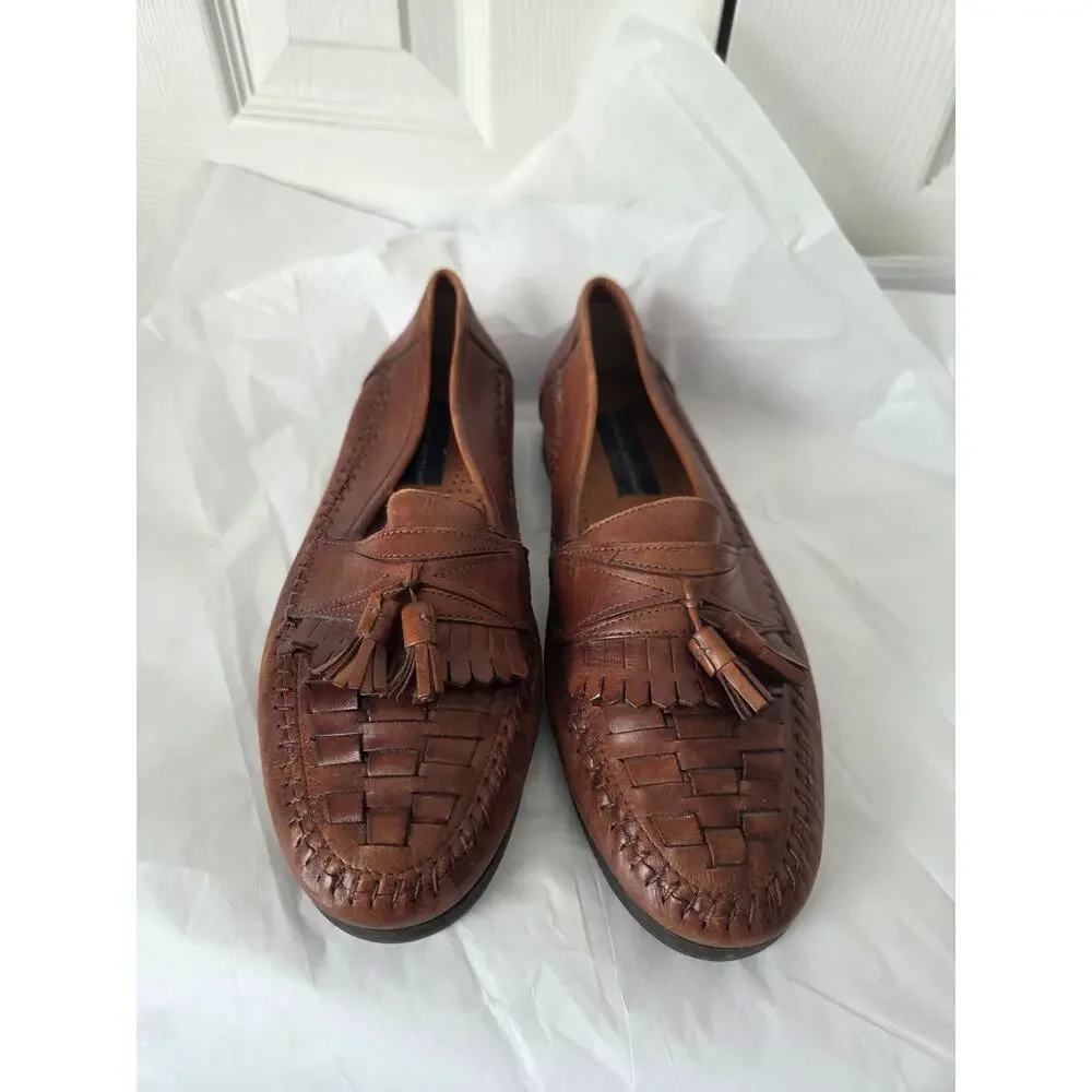 Vintage 90s Giorgio Brutini Brown Braided Woven Leather Tassel Loafers Mens 9.5
